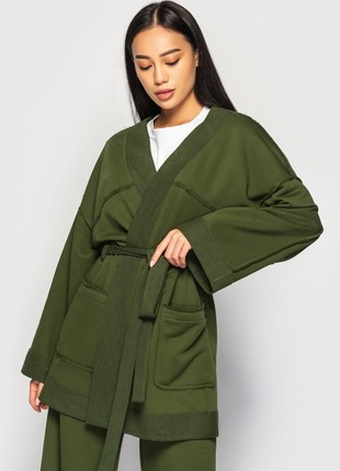 Kimono cardigan with a wide belt is green