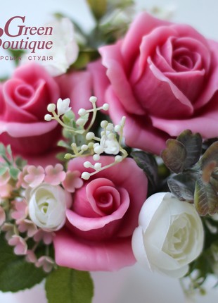Interior bouquet of soap crimson-pink roses