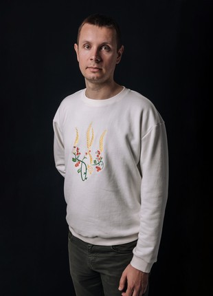 Men's sweatshirt with embroidery "Ukrainian tryzub red Kalina" white3 photo