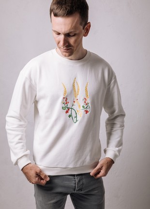 Men's sweatshirt with embroidery "Ukrainian tryzub red Kalina" white. Support Ukraine