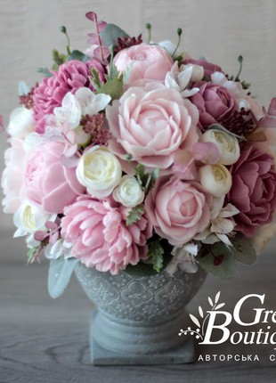 Luxurious interior bouquet of soap Roses and Peonies in a ceramic vase8 photo