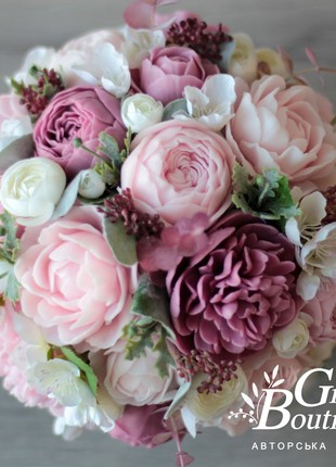 Luxurious interior bouquet of soap Roses and Peonies in a ceramic vase2 photo