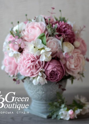 Luxurious interior bouquet of soap Roses and Peonies in a ceramic vase6 photo