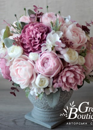 Luxurious interior bouquet of soap Roses and Peonies in a ceramic vase10 photo