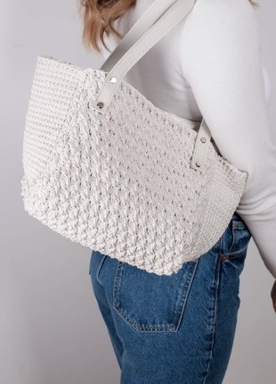 White crochet tote bag with eco-leather handles4 photo