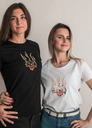 Women's t-shirt with embroidery "Ukrainian tryzub red Kalina" white. Support Ukraine4 photo