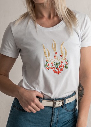 Women's t-shirt with embroidery "Ukrainian tryzub red Kalina" white. Support Ukraine3 photo