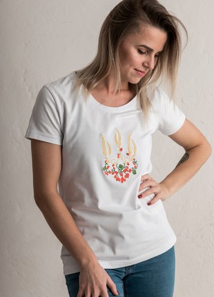 Women's t-shirt with embroidery "Ukrainian tryzub red Kalina" white. Support Ukraine2 photo
