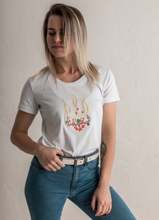 Women's t-shirt with embroidery "Ukrainian tryzub red Kalina" white. Support Ukraine