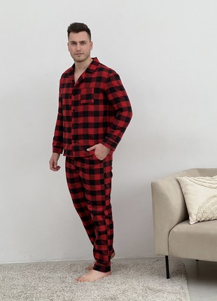 Men's pajamas COZY flannel home suit (pants+shirt) cage red/black F701P1 photo