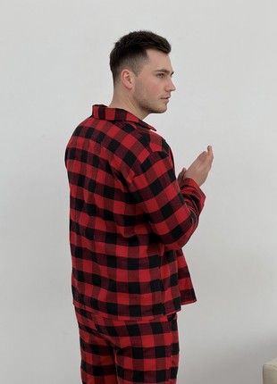 Men's pajamas COZY flannel home suit (pants+shirt) cage red/black F701P5 photo
