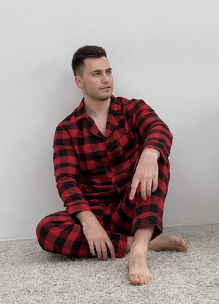 Men's pajamas COZY flannel home suit (pants+shirt) cage red/black F701P6 photo