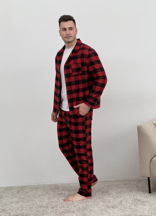 Men's COZY Flannel Pajamas (Pants+T-shirt+Shirt) Checkered Red/Black F701P+f011 photo