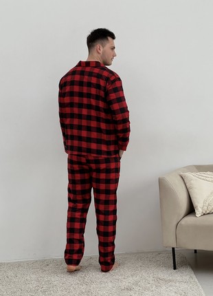 Men's COZY Flannel Pajamas (Pants+T-shirt+Shirt) Checkered Red/Black F701P+f012 photo