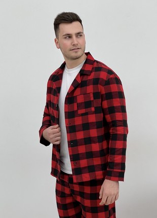 Men's COZY Flannel Pajamas (Pants+T-shirt+Shirt) Checkered Red/Black F701P+f016 photo