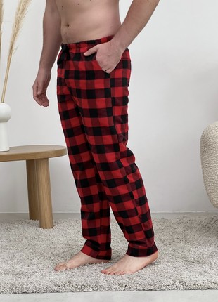 Men's COZY Flannel Pajamas (Pants+T-shirt+Shirt) Checkered Red/Black F701P+f019 photo