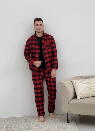 Men's COZY Flannel Pajamas (Pants+T-shirt+Shirt) Checkered Red/Black F701P+f02