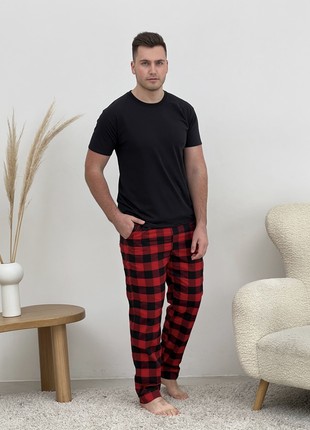 Men's COZY Flannel Pajamas (Pants+T-shirt+Shirt) Checkered Red/Black F701P+f025 photo