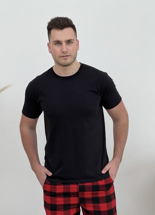 Men's COZY Flannel Pajamas (Pants+T-shirt+Shirt) Checkered Red/Black F701P+f027 photo