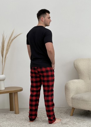Men's COZY Flannel Pajamas (Pants+T-shirt+Shirt) Checkered Red/Black F701P+f026 photo