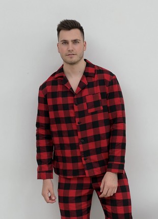 Men's COZY Flannel Pajamas (Pants+T-shirt+Shirt) Checkered Red/Black F701P+f029 photo