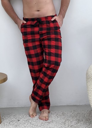Men's COZY Flannel Pajamas (Pants+T-shirt+Shirt) Checkered Red/Black F701P+f0210 photo