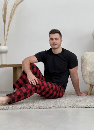 Men's COZY Flannel Pajamas (Pants+T-shirt+Shirt) Checkered Red/Black F701P+f028 photo