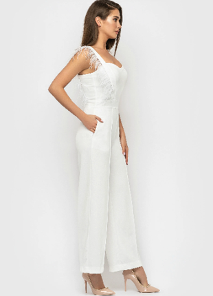 Jumpsuit White with decorative feathers3 photo