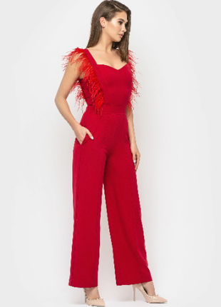 Jumpsuit Red with decorative feathers3 photo