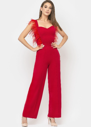 Jumpsuit Red with decorative feathers1 photo
