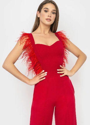 Jumpsuit Red with decorative feathers2 photo