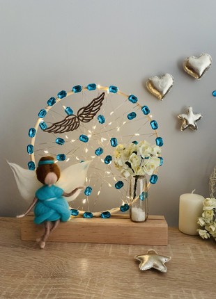 LAMP WITH BLUE ANGEL AND YELLOW FLOWERS, ROOM DECORATION, HOUSE LIGHTING
