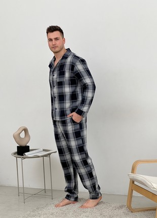 Pajamas for a man COZY with flannel (pants+shirt) crepe dark blue/sira F601P4 photo
