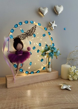 A lamp with a lilac angel and blue flowers, room decoration, home lighting1 photo