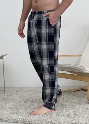 Men's pajama pants COZY home made from flannel navy blue / gray F600P4 photo