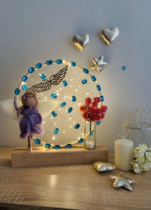 Night light with a purple angel and blue flowers, home decor, room lighting
