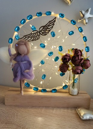 Night light with an original purple angel and beige flowers, night light for the room, home decor decoration