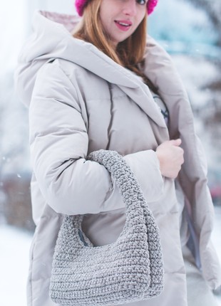 Crochet baguette bag for women beige-gray color3 photo