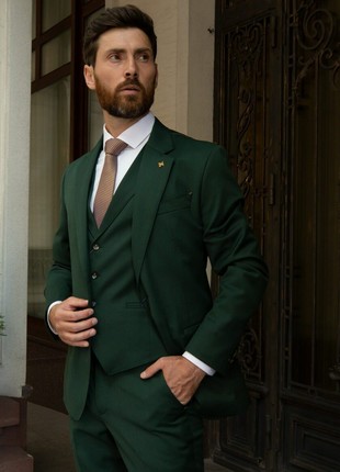 Single-breasted three-piece suit for men, emerald1 photo