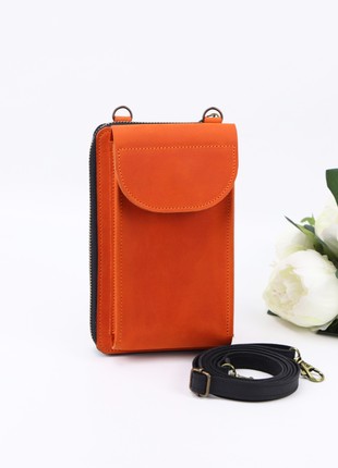 Women's leather zipper bag wallet  for iPhone on a shoulder strap / Orange Black/ 10039 photo