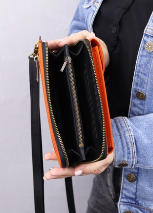Women's leather zipper bag wallet  for iPhone on a shoulder strap / Orange Black/ 10038 photo