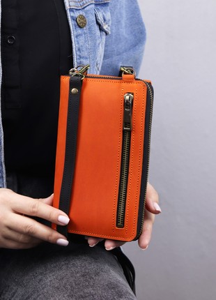 Women's leather zipper bag wallet  for iPhone on a shoulder strap / Orange Black/ 10034 photo