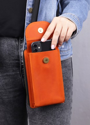 Women's leather zipper bag wallet  for iPhone on a shoulder strap / Orange Black/ 10033 photo