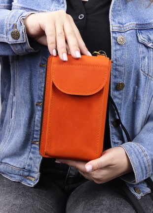 Women's leather zipper bag wallet  for iPhone on a shoulder strap / Orange Black/ 10035 photo