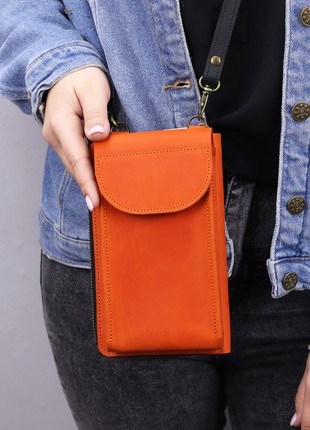 Women's leather zipper bag wallet  for iPhone on a shoulder strap / Orange Black/ 10037 photo