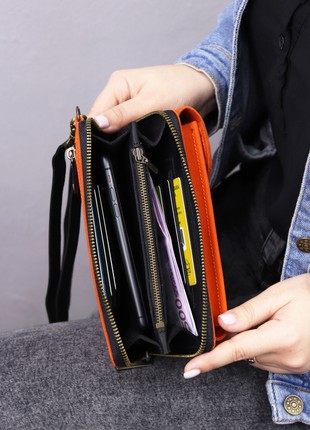 Women's leather zipper bag wallet  for iPhone on a shoulder strap / Orange Black/ 10032 photo
