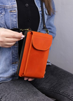 Women's leather zipper bag wallet  for iPhone on a shoulder strap / Orange Black/ 10031 photo
