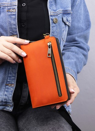 Women's leather zipper bag wallet  for iPhone on a shoulder strap / Orange Black/ 10036 photo