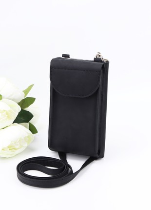 Small leather crossbody zipper bag clutch for women with smartphone pocket/ Black/ 10032 photo
