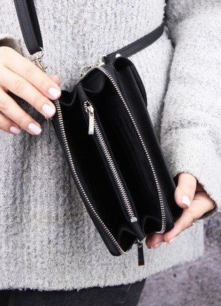 Small leather crossbody zipper bag clutch for women with smartphone pocket/ Black/ 10036 photo